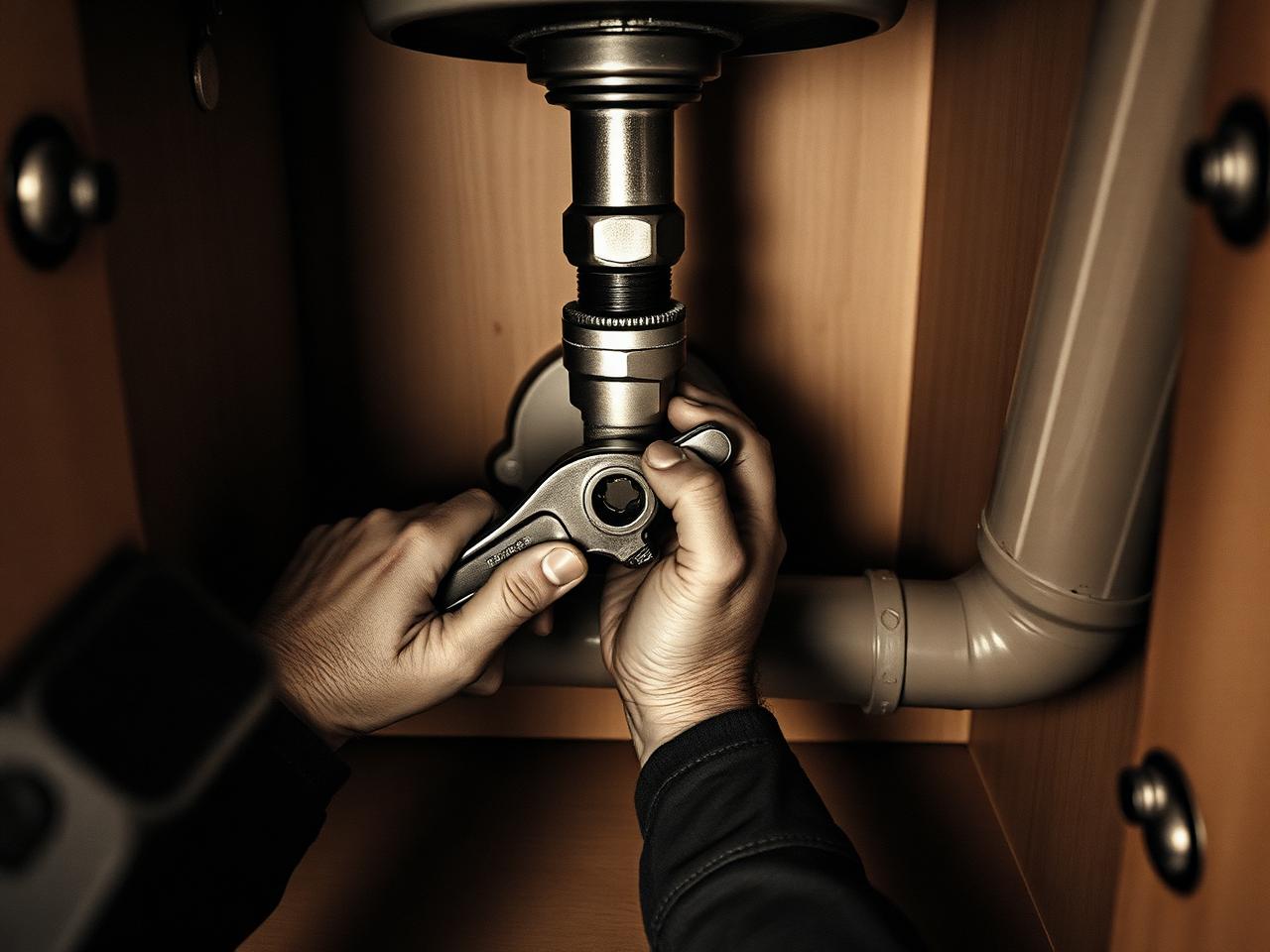 Plumber working on a sink drain under a kitchen cabinet